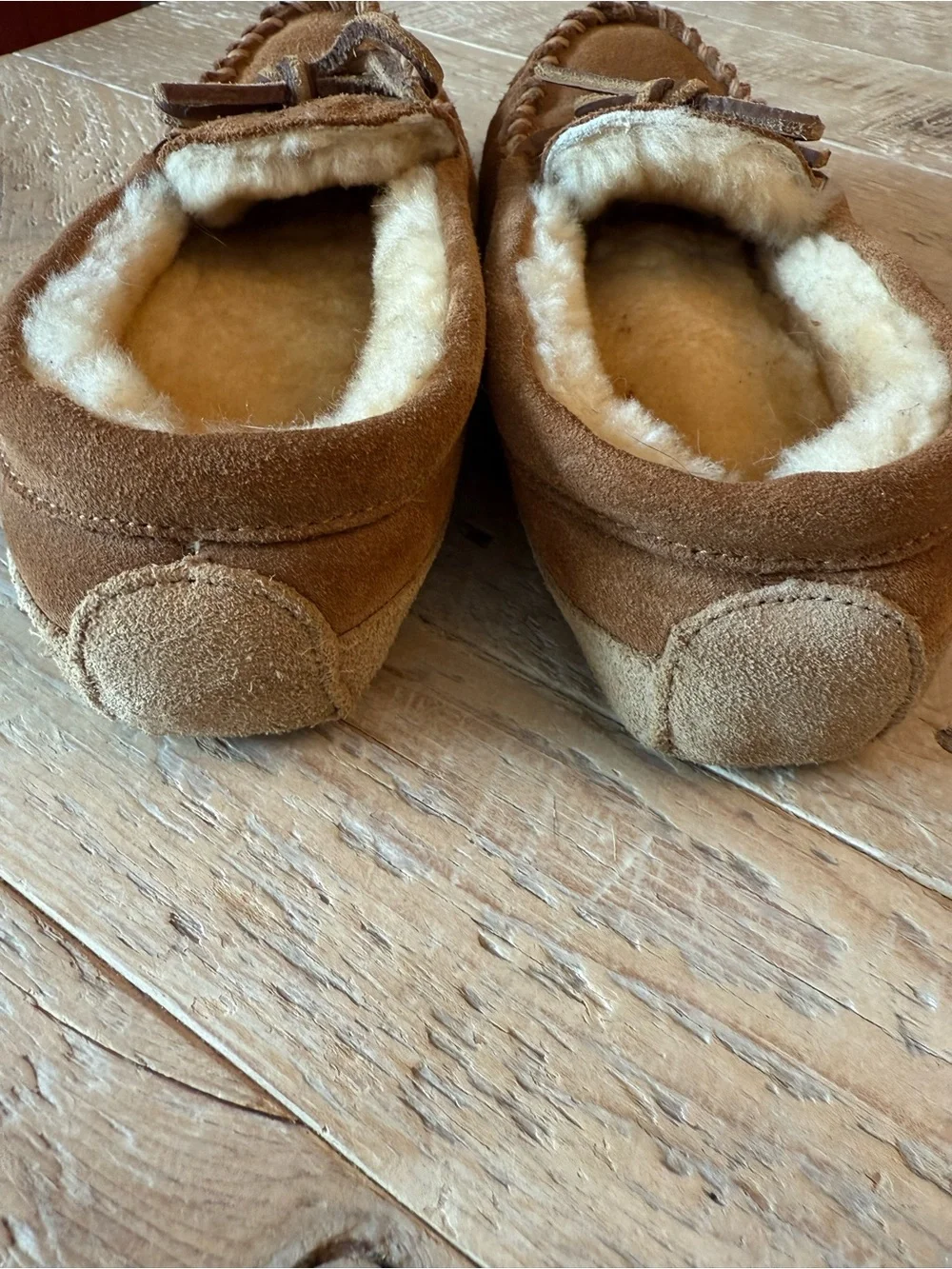 L.L.Bean Big Kids Cozy Brown Suede Moccasin Slippers with Faux Fur Lining 4